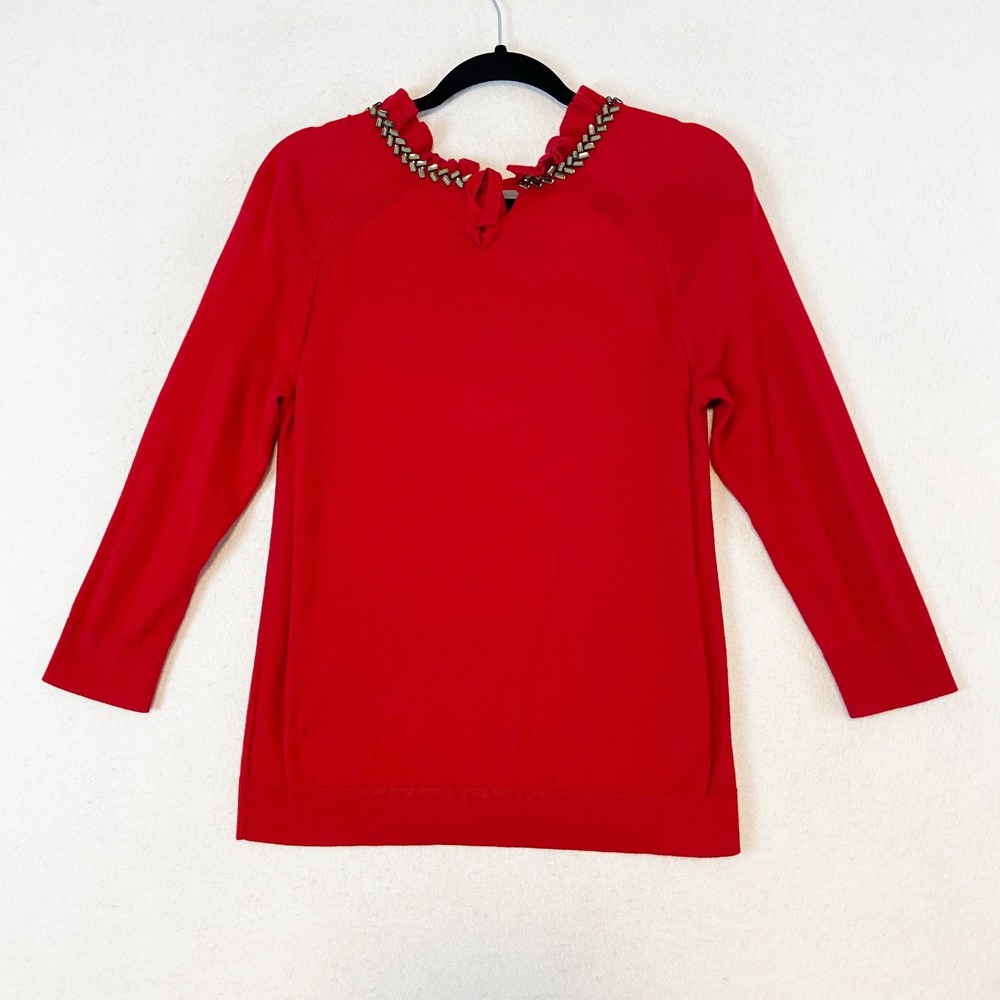 RSVP by Talbots‎ Red Beaded Ruffle Neck Sweater Size M Cashmere Blend Bow Tie - Picture 3 of 8